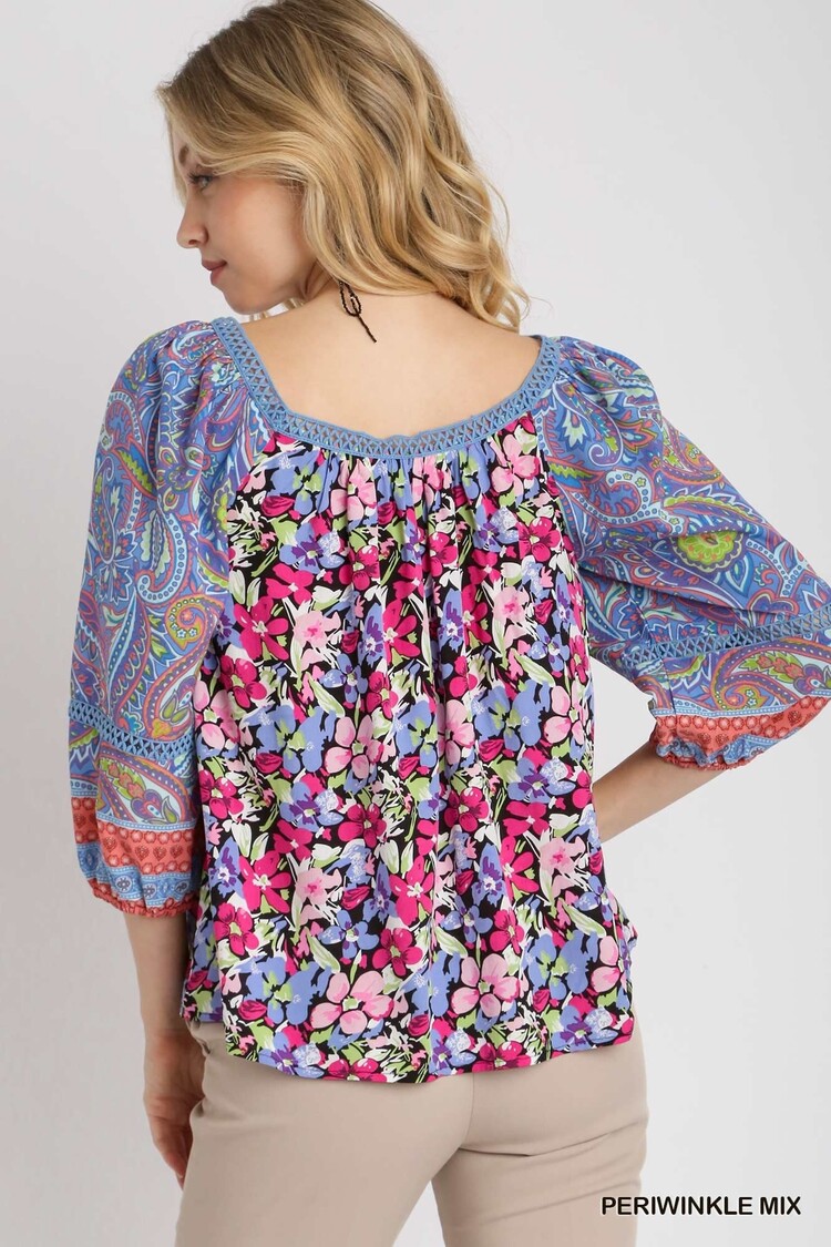Umgee Square Neck Mixed Print Boxy Cut Top with 3/4 Balloon Sleeves & Lace Trim Detail
