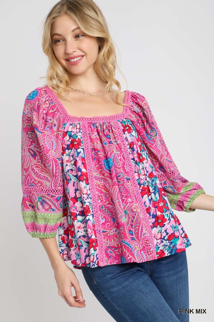 Umgee Square Neck Mixed Print Boxy Cut Top with 3/4 Balloon Sleeves & Lace Trim Detail