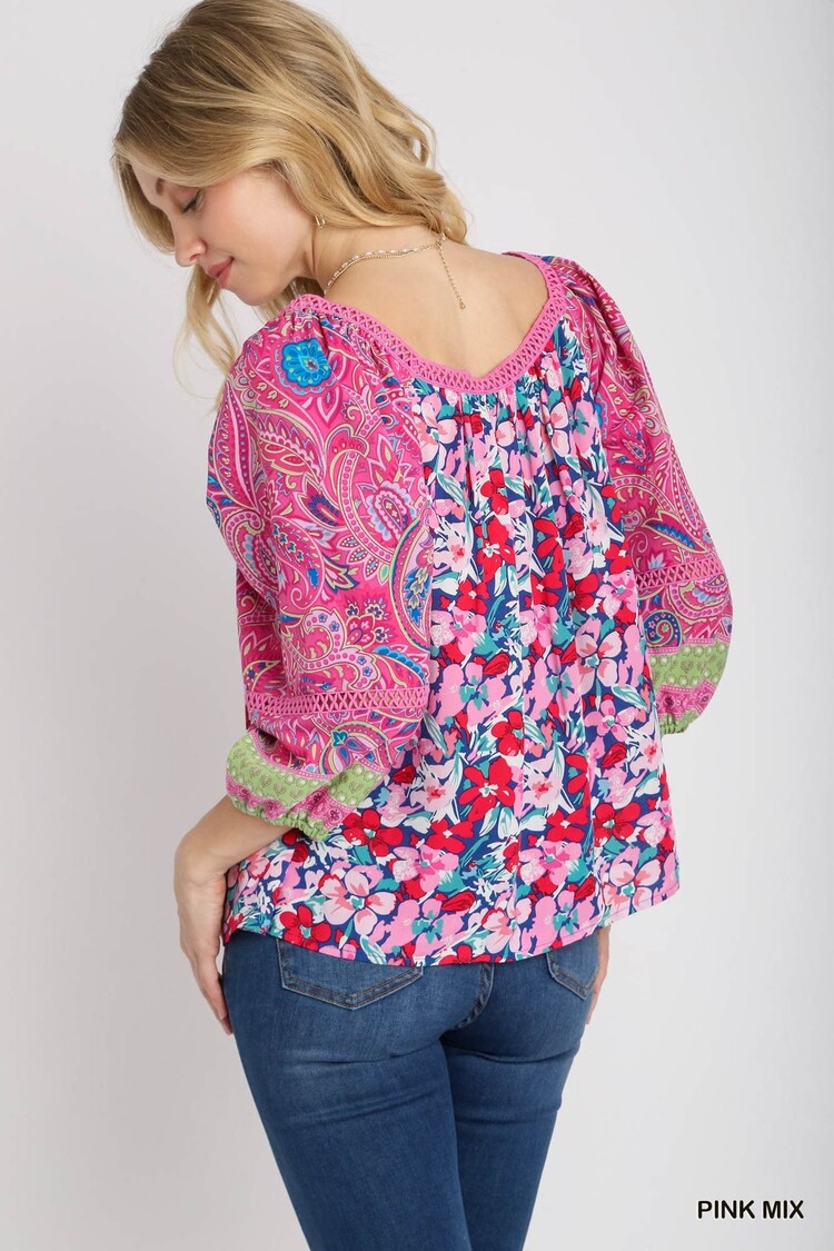 Umgee Square Neck Mixed Print Boxy Cut Top with 3/4 Balloon Sleeves & Lace Trim Detail