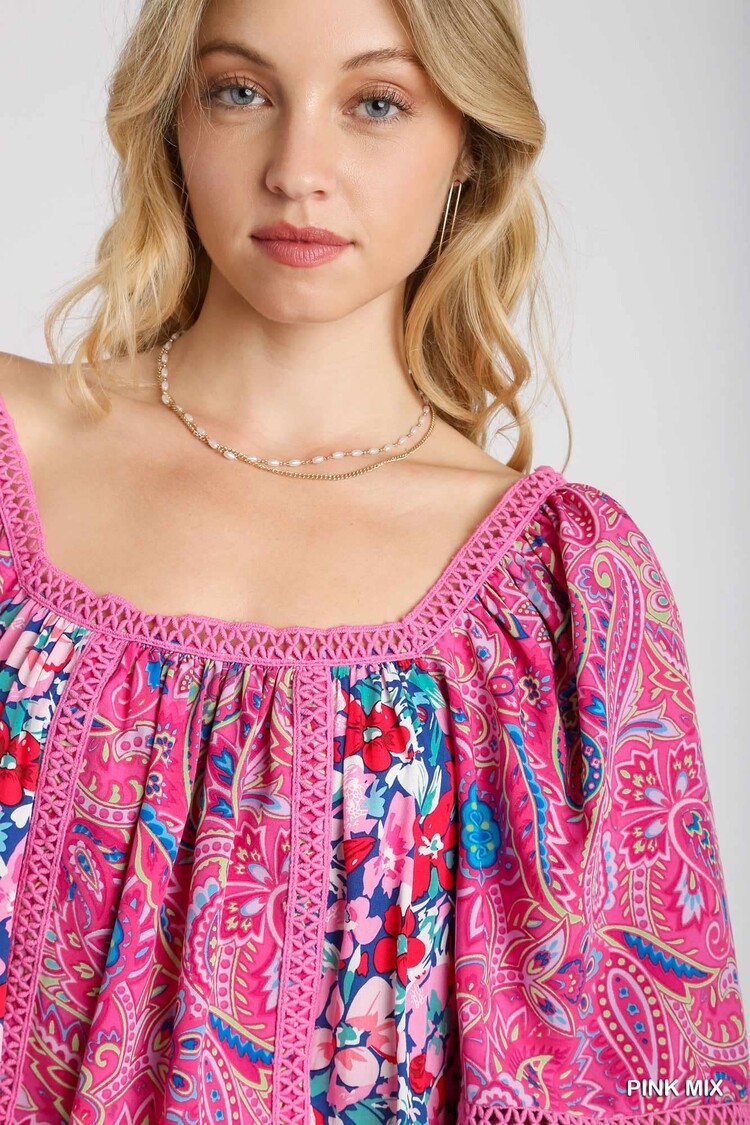 Umgee Square Neck Mixed Print Boxy Cut Top with 3/4 Balloon Sleeves & Lace Trim Detail