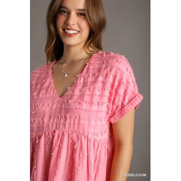 Umgee Texture Fabric V-Neck Baby Doll Top with Short Folded Sleeve