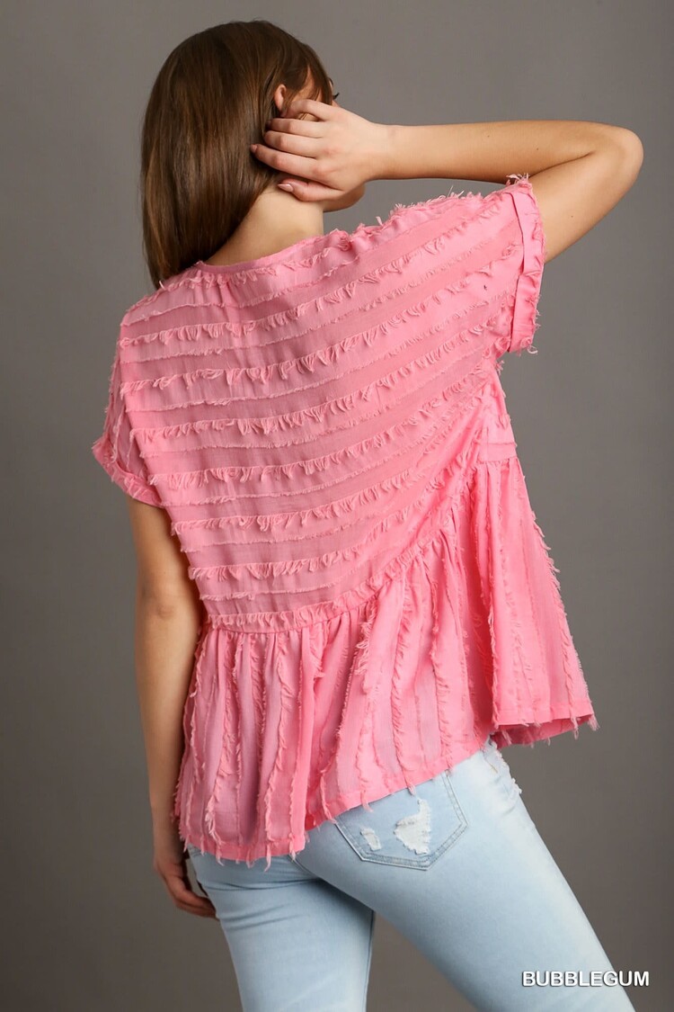 Umgee Texture Fabric V-Neck Baby Doll Top with Short Folded Sleeve