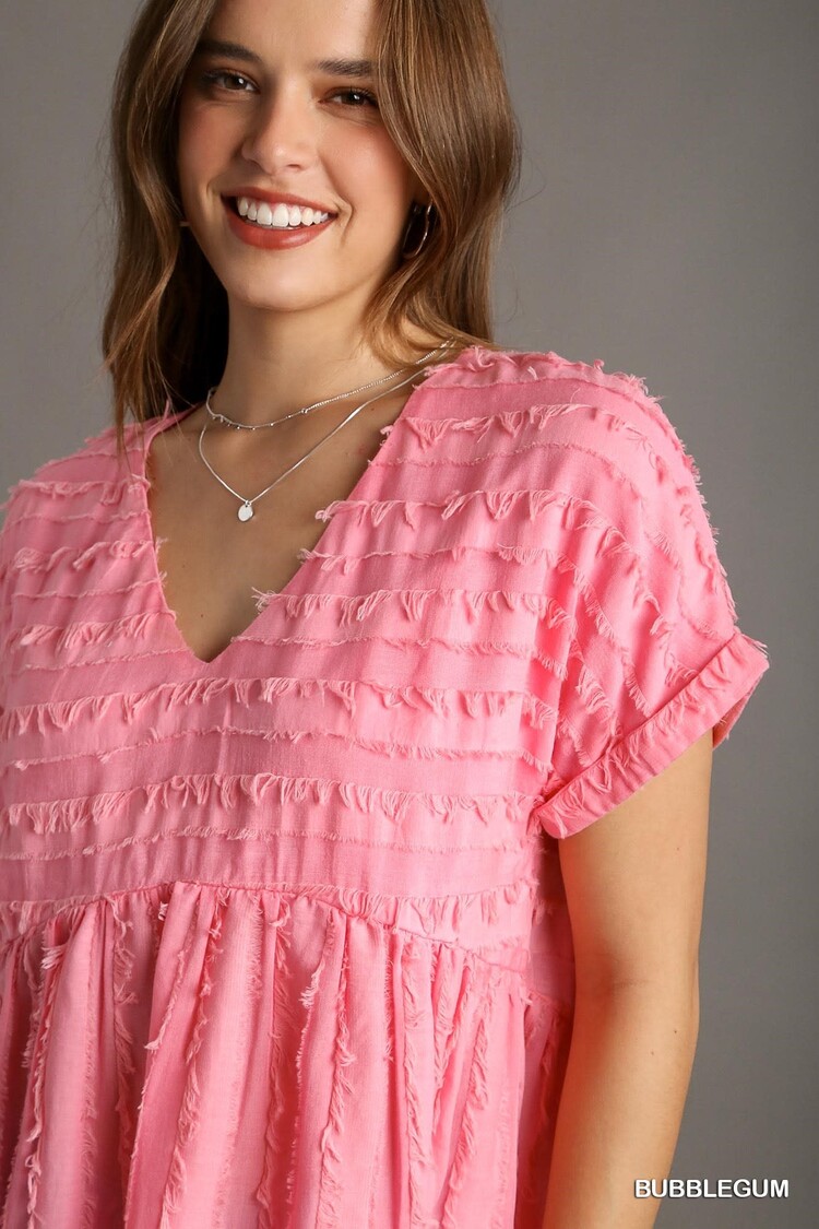 Umgee Texture Fabric V-Neck Baby Doll Top with Short Folded Sleeve