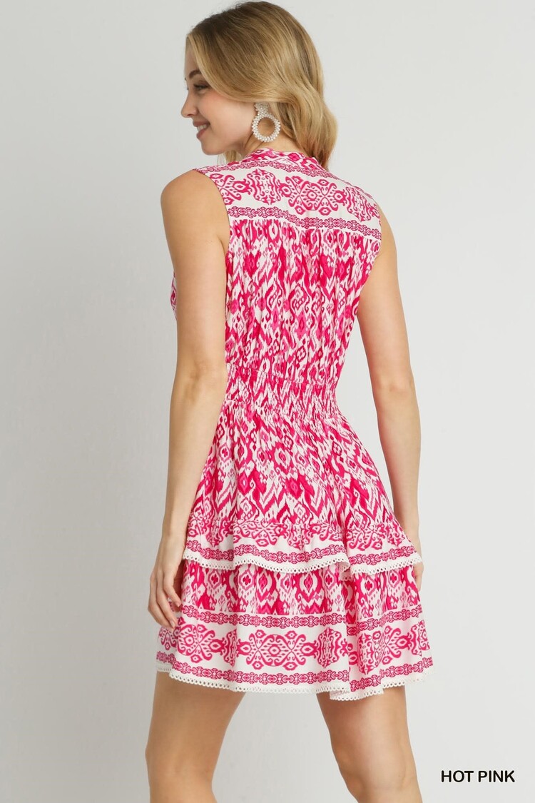 Umgee Two Tone Sleeveless Abstract Border Print Double Layered Dress with Tie & Trim