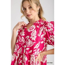 Umgee Tiered Two Tone Split Neck Dress with Short Smocked Puff Sleeve