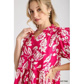 Umgee Tiered Two Tone Split Neck Dress with Short Smocked Puff Sleeve