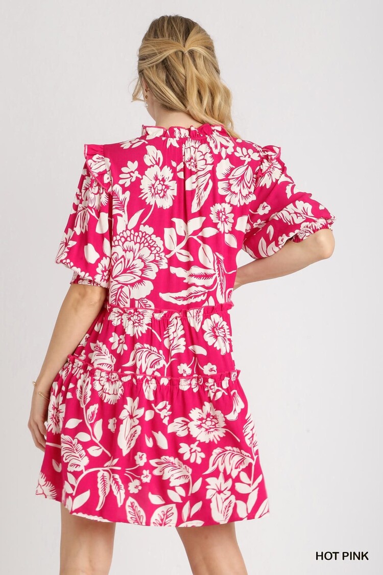 Umgee Tiered Two Tone Split Neck Dress with Short Smocked Puff Sleeve