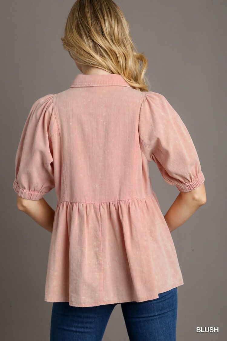 Umgee Mineral Wash Half Button Down Collared Top with 1/2 Short Puff Sleeve