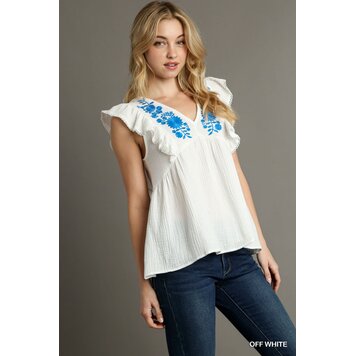 Umgee V-Neck Cotton Gauze Top Detailed with Floral Embroidery