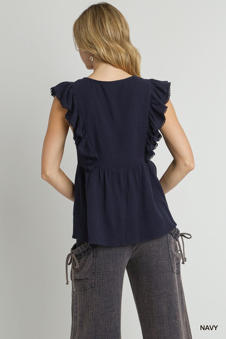 Umgee V-Neck Cotton Gauze Top Detailed with Floral Embroidery