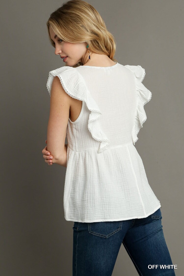 Umgee V-Neck Cotton Gauze Top Detailed with Floral Embroidery