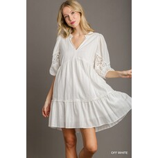 Umgee Swiss Dot & Lace Trim Split Neck Dress with 3/4 Puff Crochet Sleeve