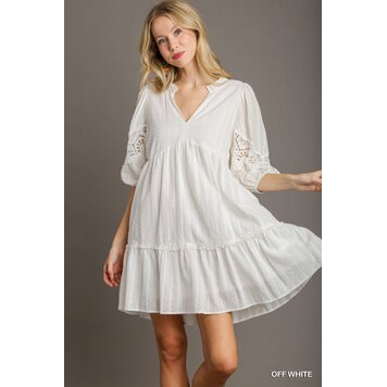 Umgee Swiss Dot & Lace Trim Split Neck Dress with Crochet Sleeve