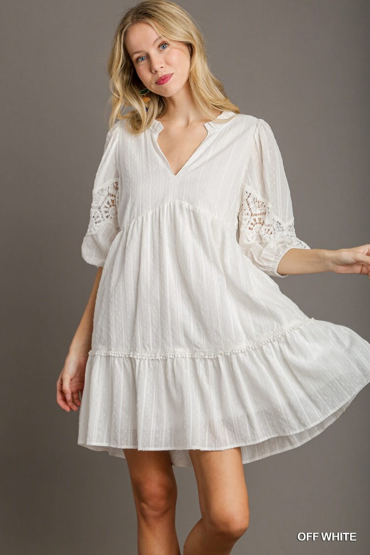 Umgee Swiss Dot & Lace Trim Split Neck Dress with 3/4 Puff Crochet Sleeve