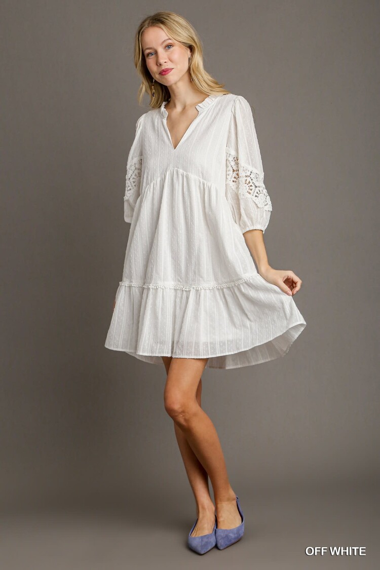 Umgee Swiss Dot & Lace Trim Split Neck Dress with Crochet Sleeve