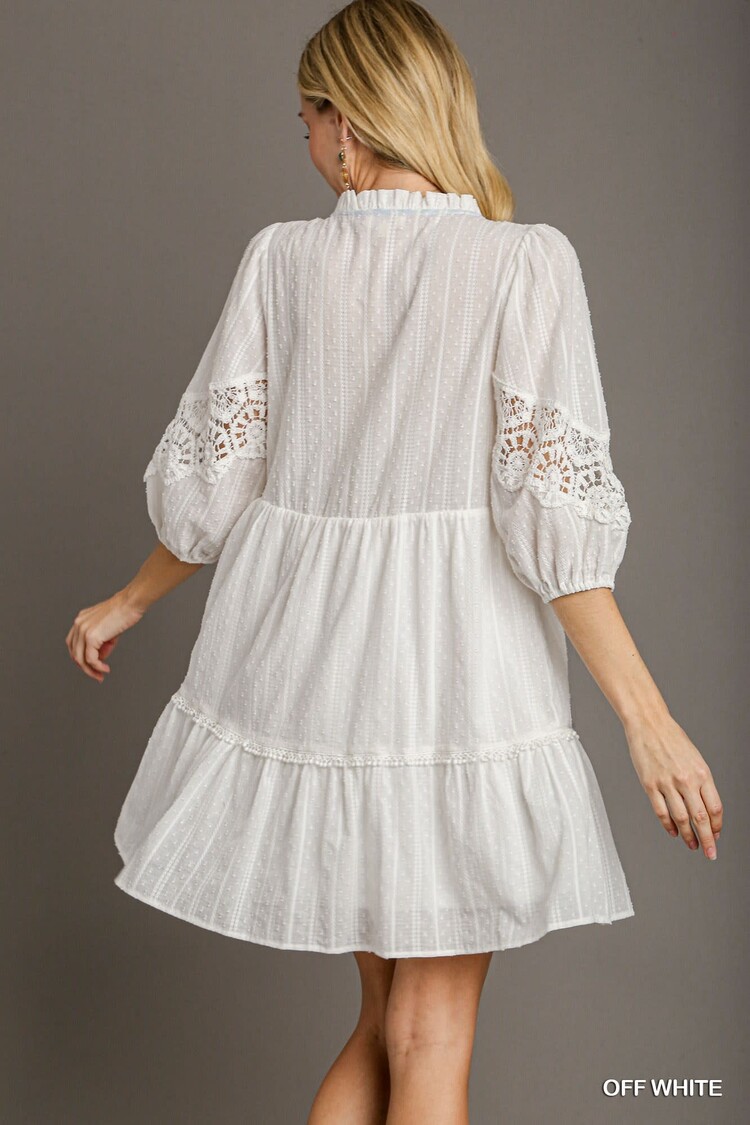 Umgee Swiss Dot & Lace Trim Split Neck Dress with 3/4 Puff Crochet Sleeve