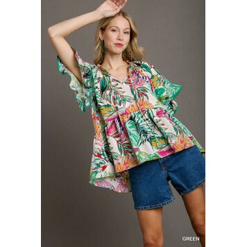 Umgee Mixed Print Ruffle Split Neck Baby Doll Top with Front Tie & Flutter Bell Sleeves