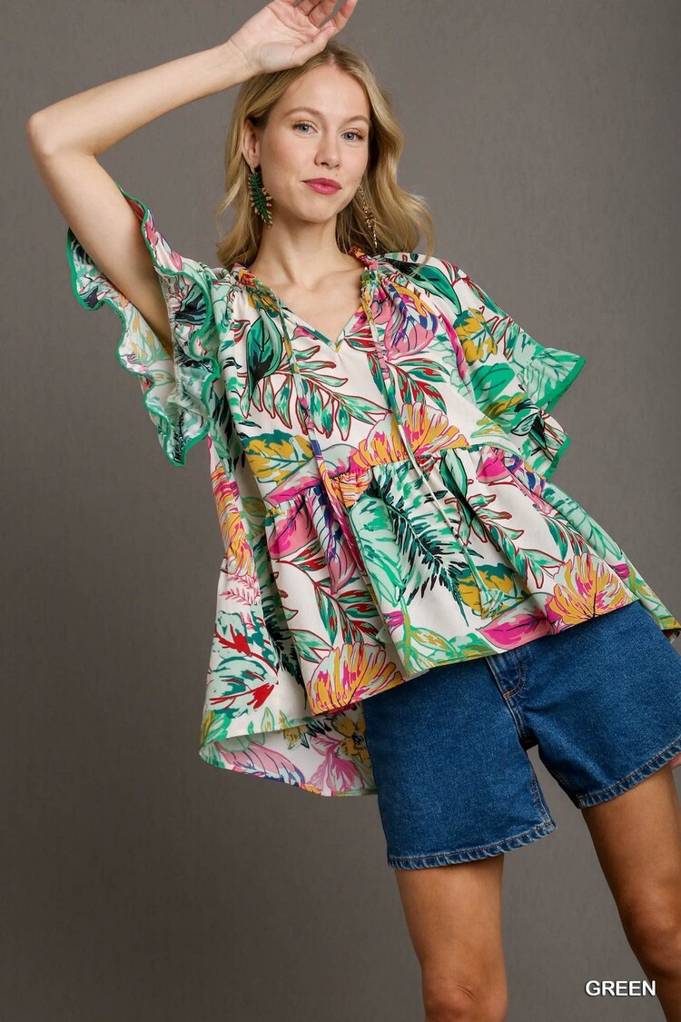 Umgee Mixed Print Ruffle Split Neck Baby Doll Top with Front Tie & Flutter Bell Sleeves