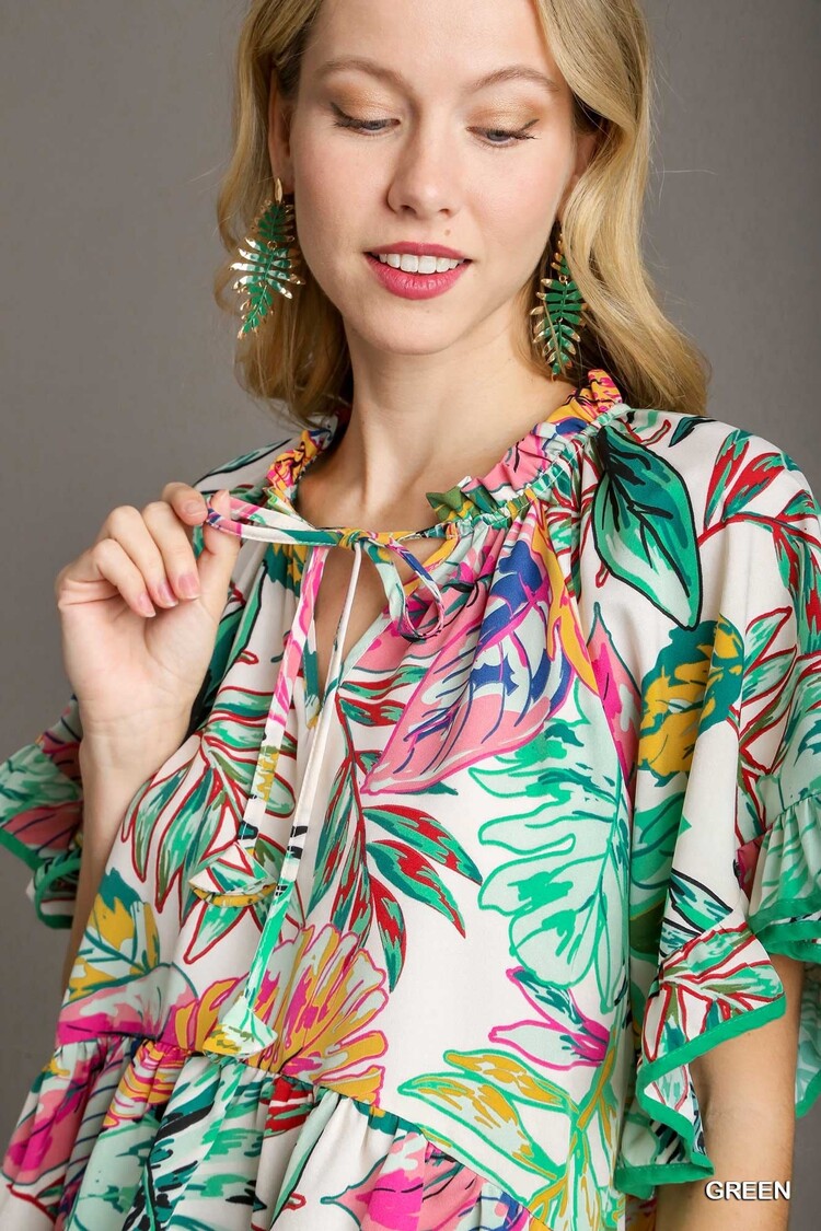 Umgee Mixed Print Ruffle Split Neck Baby Doll Top with Front Tie & Flutter Bell Sleeves
