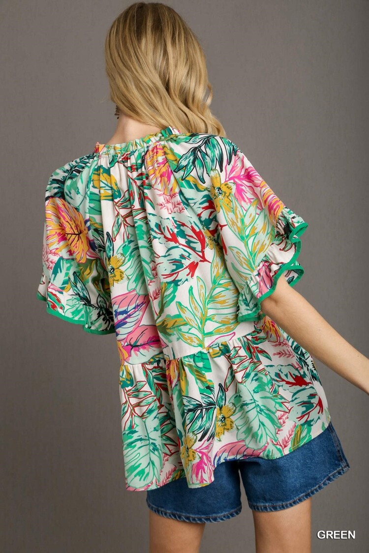 Umgee Mixed Print Ruffle Split Neck Baby Doll Top with Front Tie & Flutter Bell Sleeves
