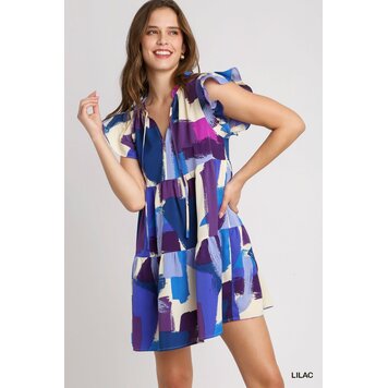 Umgee Brushstroke Print Smocked Flutter Sleeve Dress with Ruffle V-Neck & Front Tie