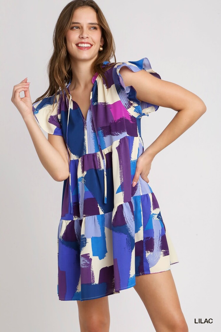 Umgee Brushstroke Print Smocked Flutter Sleeve Dress with Ruffle V-Neck & Front Tie