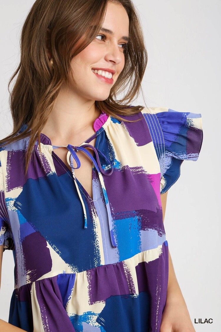 Umgee Brushstroke Print Smocked Flutter Sleeve Dress with Ruffle V-Neck & Front Tie