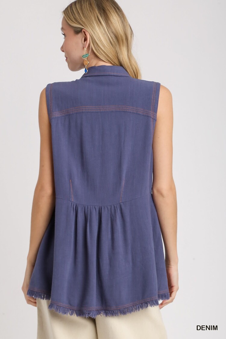 Umgee Regular Wash Sleeveless Tunic Top with Stitch & Fray Details