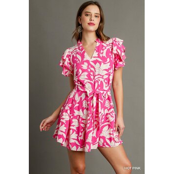 Umgee Two Tone Round Neck Layered Ruffle Sleeve Dress with Front Belt Tie