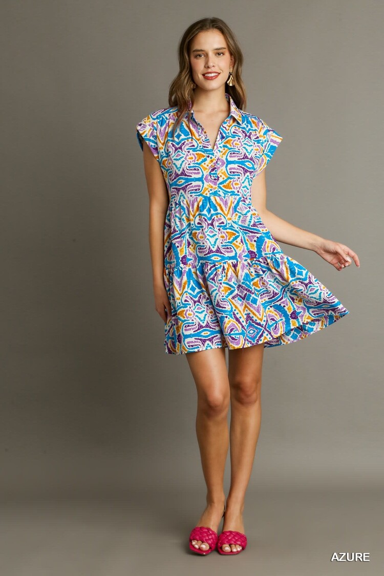 Umgee Aztec Printed Tiered Short Collared Mid Button Dress with Side Pockets