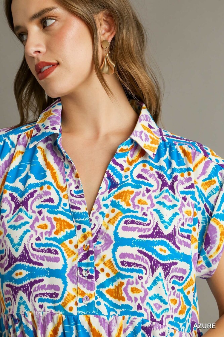 Umgee Aztec Printed Tiered Short Collared Mid Button Dress with Side Pockets