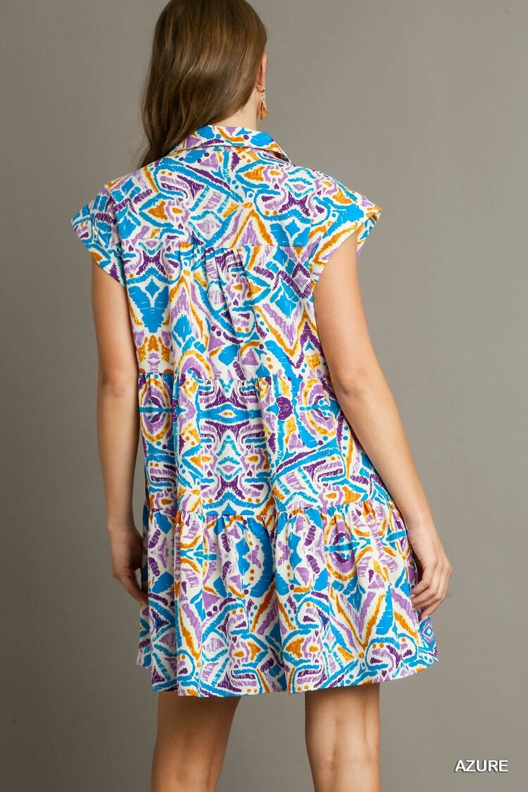 Umgee Aztec Printed Tiered Short Collared Mid Button Dress with Side Pockets