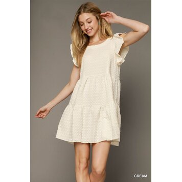 Umgee Texture Jacquard Round Neck Tiered A-Line Dress with Back Button Keyhole