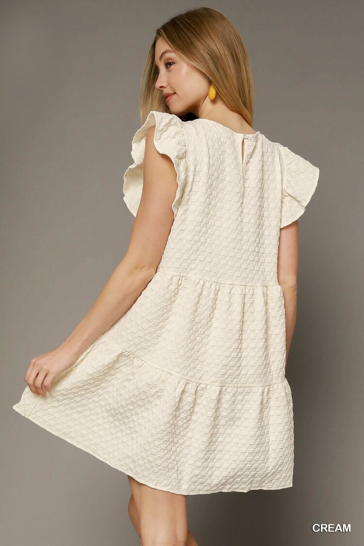 Umgee Texture Jacquard Round Neck Tiered A-Line Dress with Back Button Keyhole