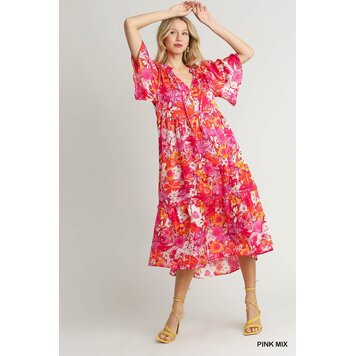 Umgee Floral Print Ruffle V-Neck A-Line Midi Dress with Front Tie
