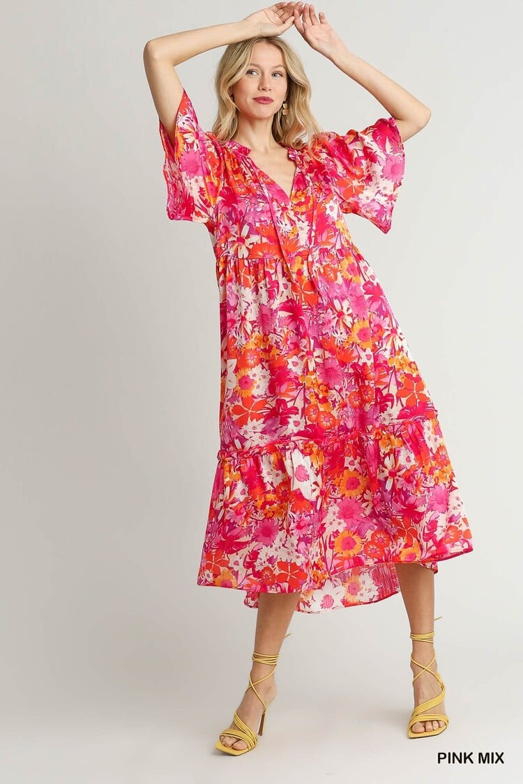 Umgee Floral Print Ruffle V-Neck A-Line Midi Dress with Front Tie