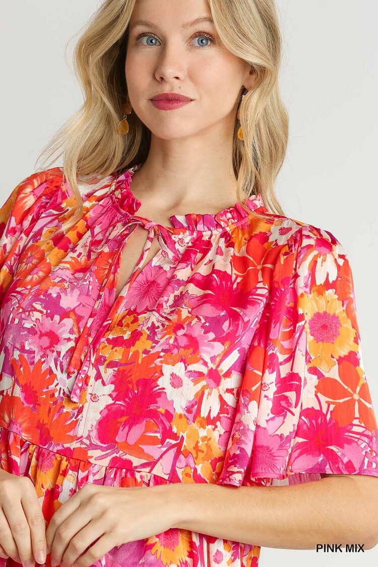 Umgee Red Floral Ruffle V-Neck Midi Dress with Front Tie