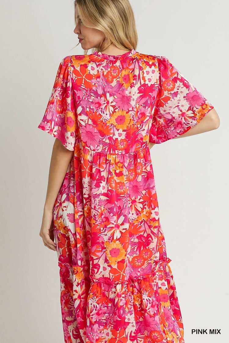 Umgee Floral Print Ruffle V-Neck A-Line Midi Dress with Front Tie