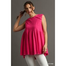 Umgee Linen Round Neck Sleeveless Patched & Frayed Tunic Top