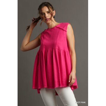 Umgee Linen Round Neck Sleeveless Patched & Frayed Tunic Top