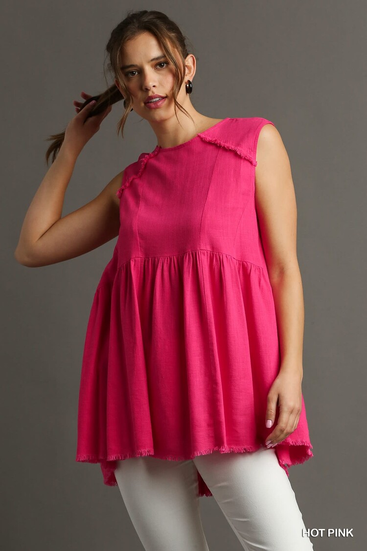 Umgee Linen Round Neck Sleeveless Patched & Frayed Tunic Top