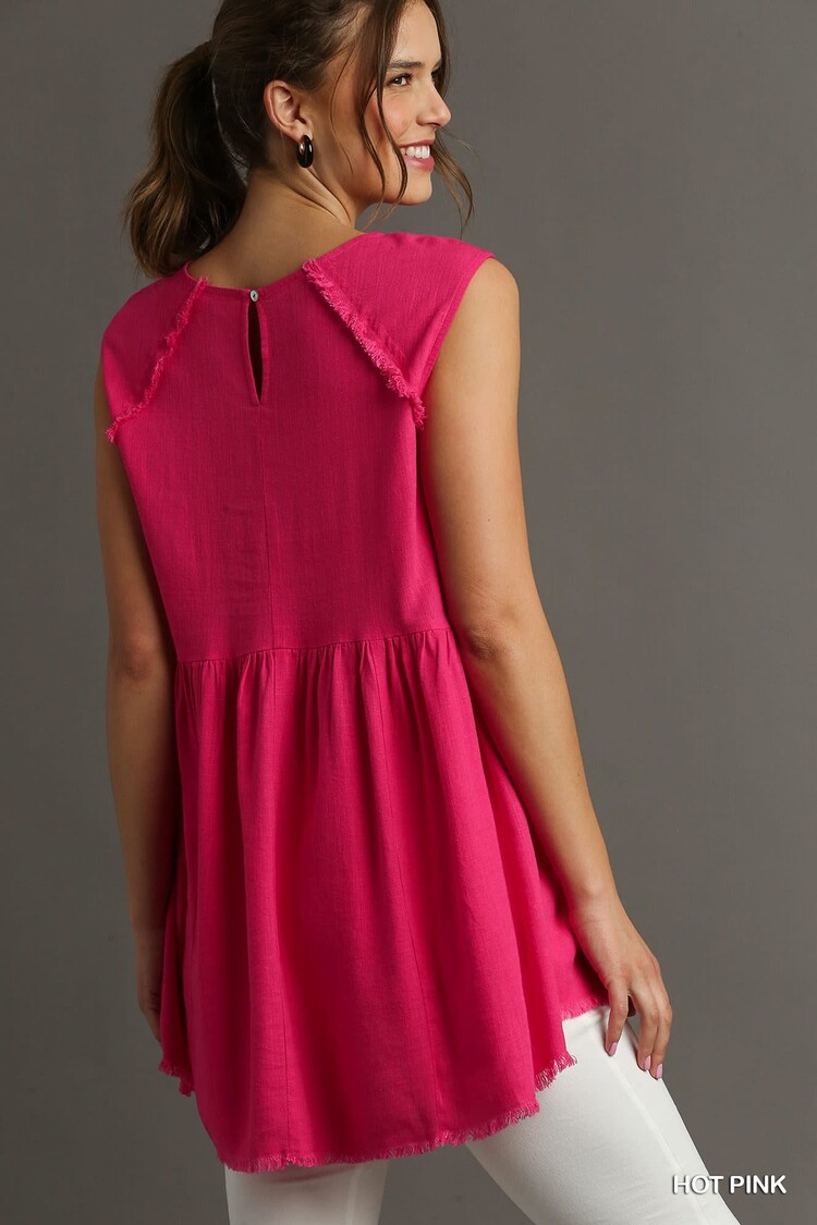 Umgee Linen Round Neck Sleeveless Patched & Frayed Tunic Top