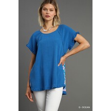 Umgee Linen Blend Back Print Top & Unfinished Fringe