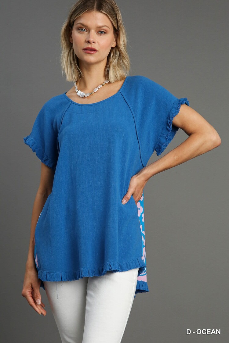 Umgee Linen Blend Back Print Top & Unfinished Fringe