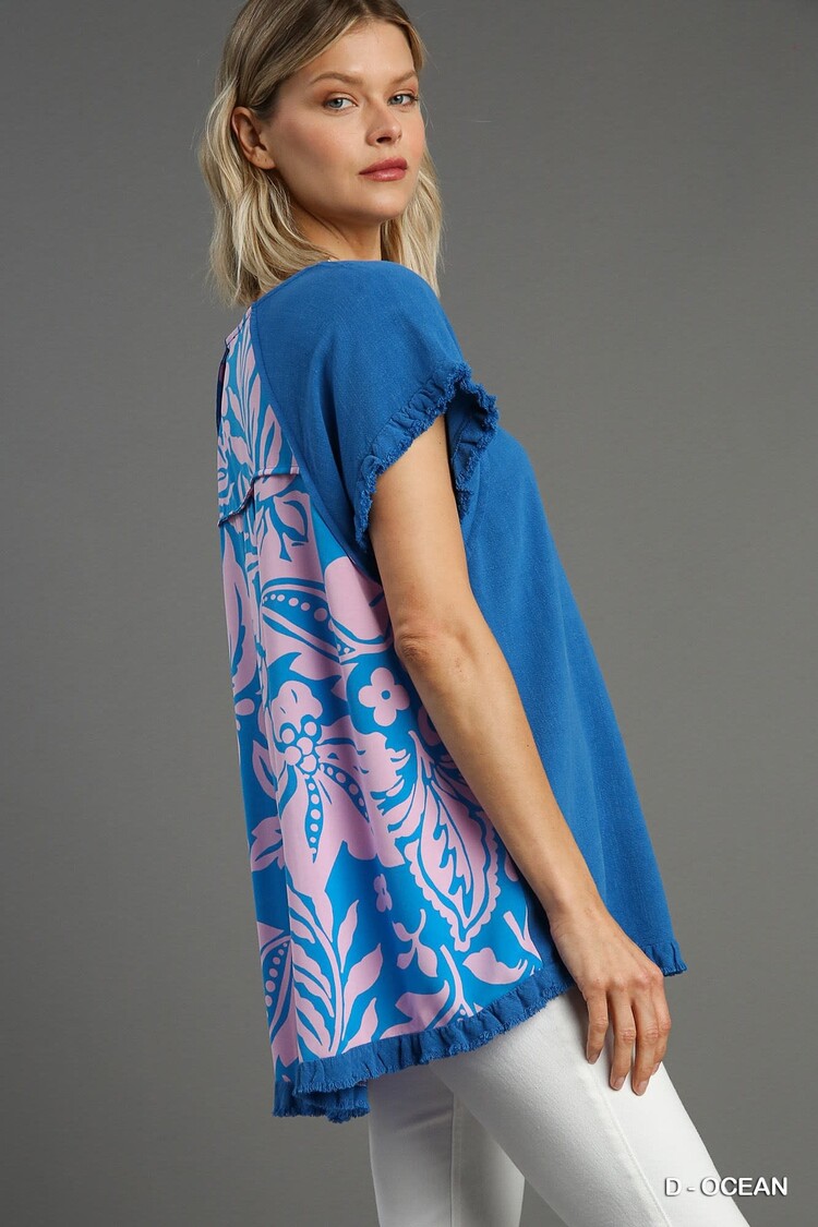 Umgee Linen Blend Back Print Top & Unfinished Fringe