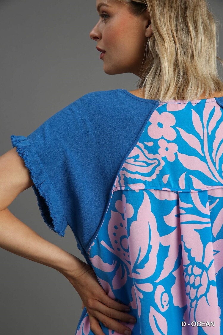 Umgee Linen Blend Back Print Top & Unfinished Fringe
