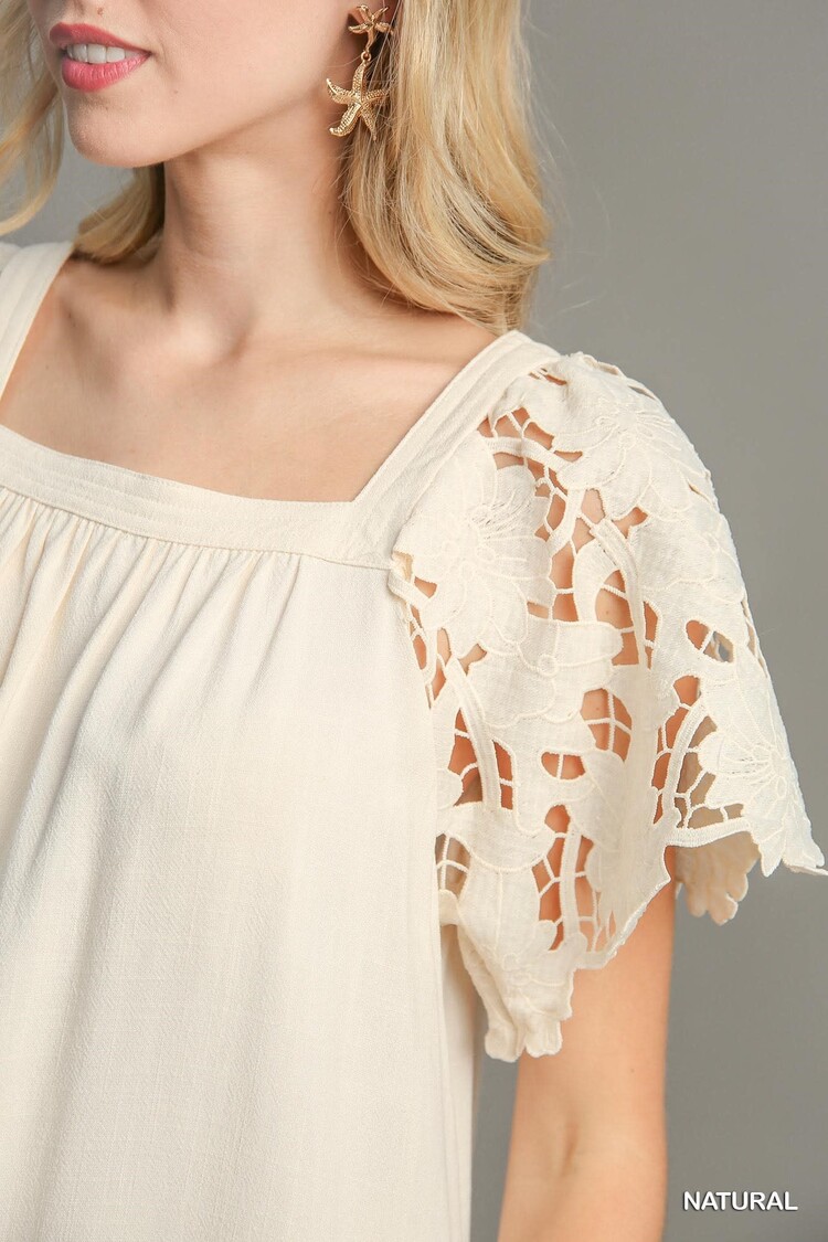 Umgee Linen Floral Lace Contrast Square Neck Dress