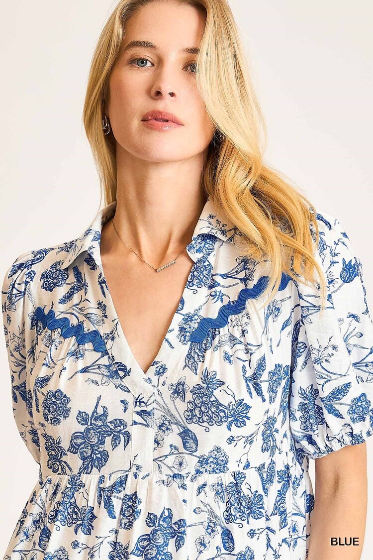 Umgee Two Tone Blue Floral Print Dress