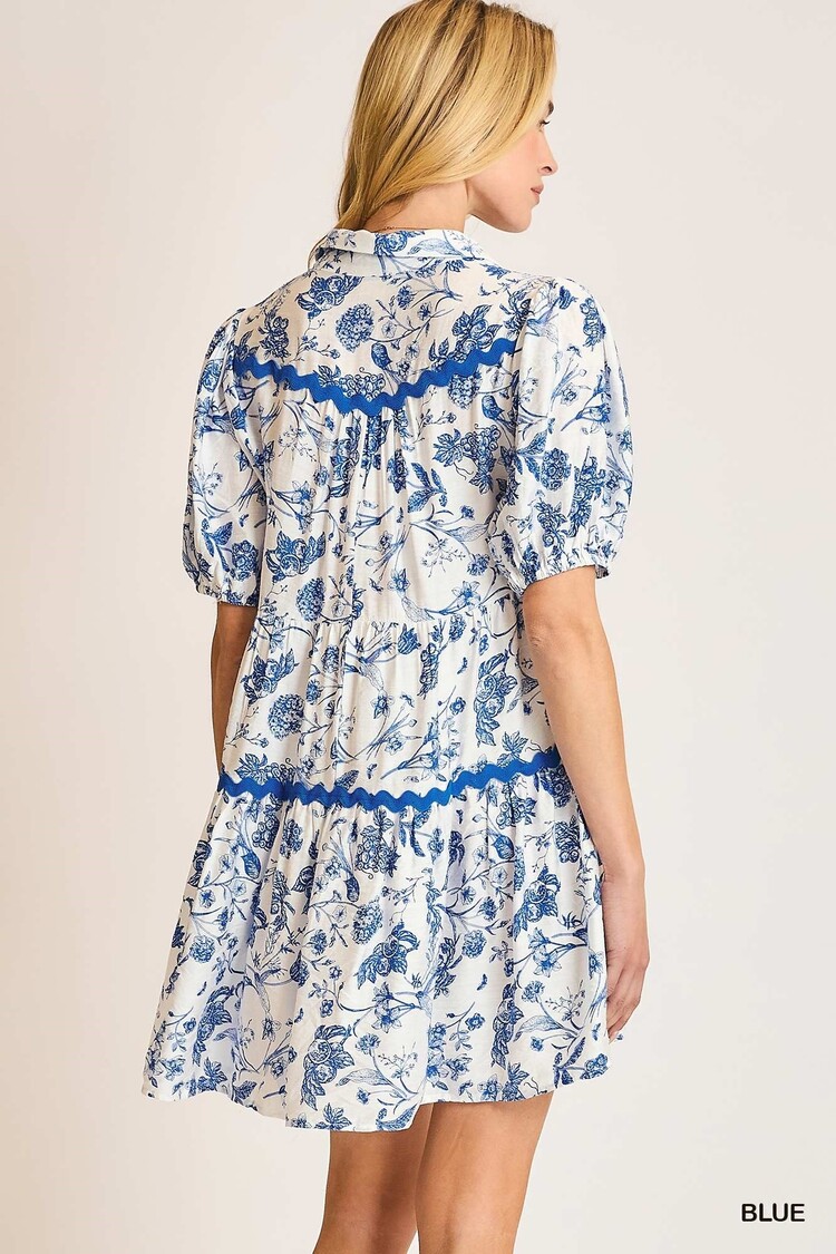 Umgee Two Tone Blue Floral Print Dress