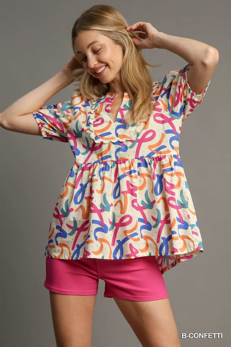 Umgee Mixed Print Ruffle Babydoll Top